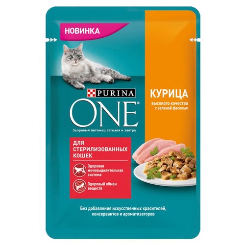 Влажный корм для стерилизованных кошек Purina ONE с курицей, с зелёной фасолью 28 шт. х 75 г (кусочки в соусе) фото