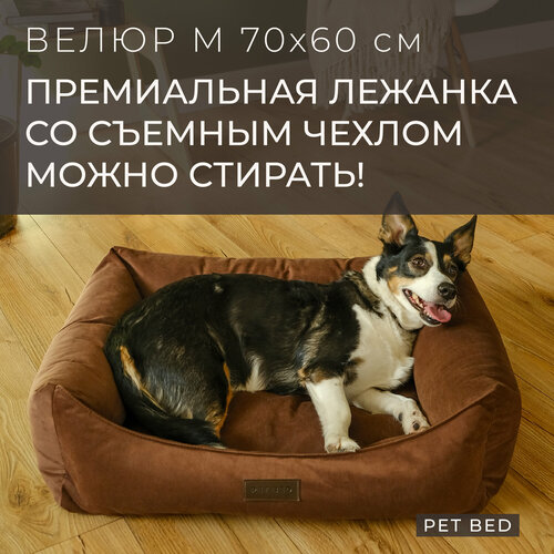 Лежанка для собак средних пород со съемным чехлом PET BED Велюр, размер M 70х60 см, коричневая фото