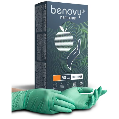 Перчатки смотровые Benovy Nitrile Multicolor текстурированные на пальцах, 50 пар, размер: L, цвет: зеленый, 1 уп. фото