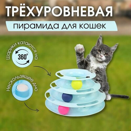 фото Игрушка для кошек Интерактивная башня пирамида трек с шариками, голубая, купить за 499 руб онлайн