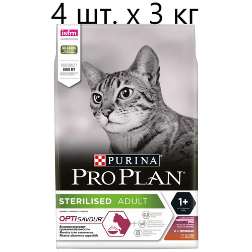 Сухой корм для стерилизованных кошек и кастрированных котов Purina Pro Plan Sterilised ADULT OPTISAVOUR, с уткой и с печенью, 4 шт. х 3 кг фото