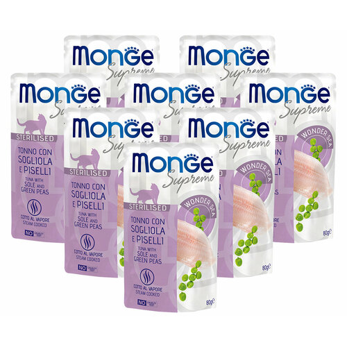 MONGE SUPREME CAT STERILISED для взр кастр кот и стер кош с тунц, ж камба и зелен горош пауч 80грNEW 80 гр х 8 шт фото