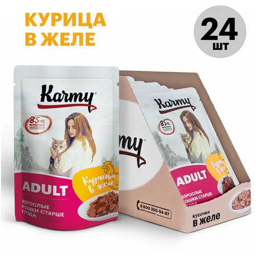 корм для кошек Karmy Adult, курица 24 шт. х 80 г (кусочки в желе) фото