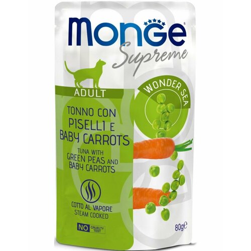 Влажный корм для кошек Monge Supreme Adult cat Тунец с зелёным горошком и мини-морковью 80 г фото