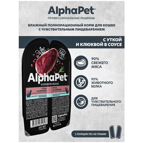 Влажный корм для кошек с чувств. пищеварением AlphaPet Superpremium Утка и клюква мясные кусочки в соусе 80г (Упаковка 15 блистеров) фото