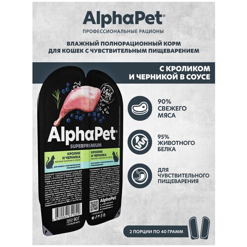 Влажный корм для кошек с чувств. пищеварением AlphaPet Superpremium Кролик и черника мясные кусочки в соусе 80г (Упаковка 15 блистеров) фото