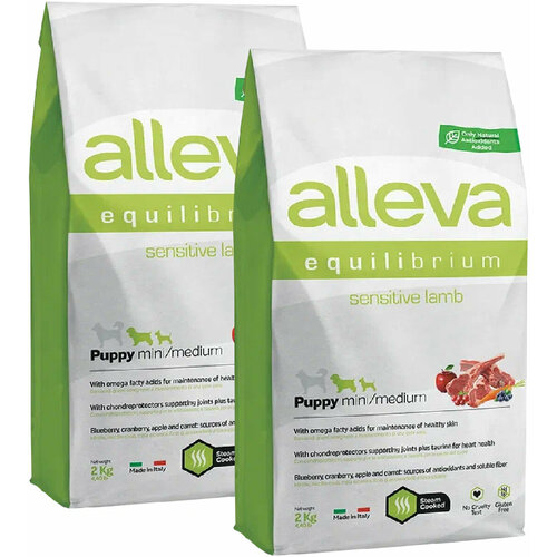 ALLEVA EQUILIBRIUM PUPPY MINI/MEDIUM SENSITIVE LAMB для щенков маленьких и средних пород с чувствительным пищеварением с ягненком (2 + 2 кг) фото