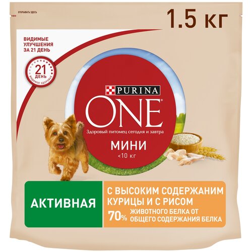 Сухой корм Purina ONE МИНИ Активная для собак мелких пород с курицей и рисом 1.5кг фото