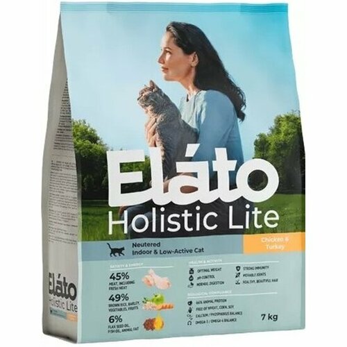 Корм сухой Elato Holistic Lite для стерилизованных кошек с курицей и индейкой, для домашних малоактивных кошек, 7 кг фото