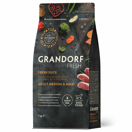 Grandorf Fresh Dog Adult MED & MAXI Duck & Sweet Potato: Утка, Индейка и Батат для собак средних и крупных пород 1 кг (GDF Dog MM Duck 1) фото