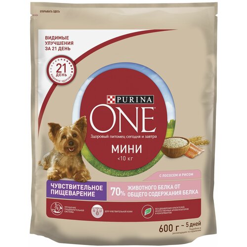 Сухой корм Purina ONE Мини Чувствительная для взрослых собак мелких пород с чувствительным пищеварением, с лососем и рисом 600 г х 2 шт фото