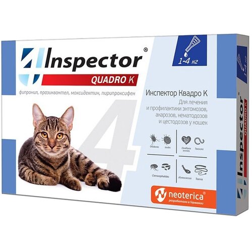 Inspector раствор от блох и клещей Quadro K от 1 до 4 кг для кошек от 1 до 4 кг 1 шт. в уп., 1 уп. фото