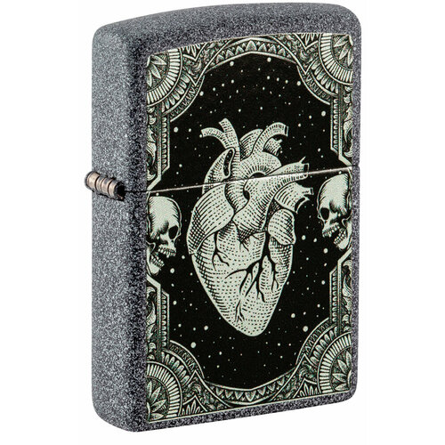 Оригинальная бензиновая зажигалка ZIPPO Heart Design с покрытием Iron Stone, латунь/сталь, серая, 38x13x57 мм фото