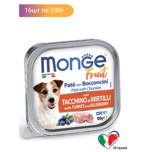 Корм для собак Monge Dog Fruit с индейкой с черникой, консервы 16шт х 100 г фото