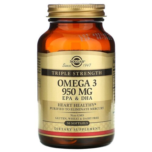 Solgar, Omega-3, EPA & DHA, Triple Strength, 950 mg, омега-3, ЭПК и ДГК, тройной концентрации, 950 мг, 50 капсул фото