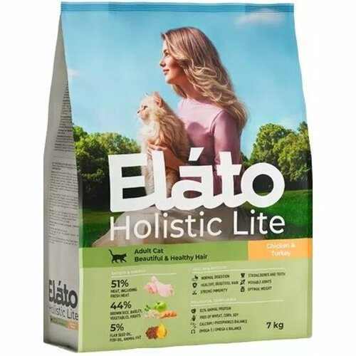 Корм сухой Elato Holistic Lite для взрослых кошек с курицей и индейкой, для красивой и здоровой шерсти, 7 кг фото