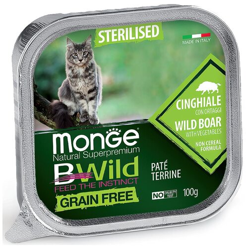 Влажный корм для стерилизованных кошек Monge BWILD Feed the Instinct, беззерновой, с кабаном, с овощами 100 г (паштет) фото