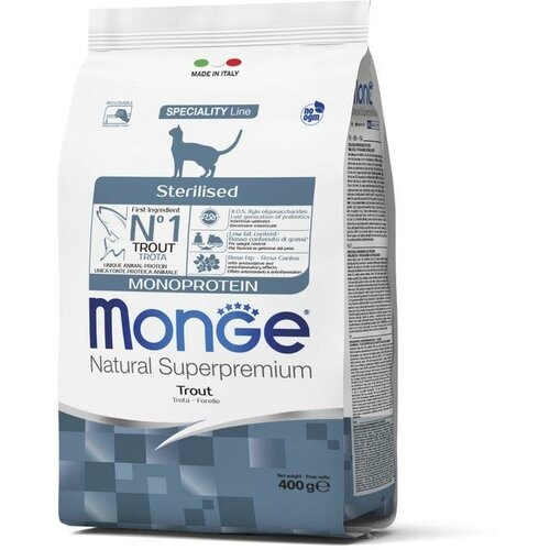 Корм сухой Monge Monoprotein Sterilised из форели для стерилизованных кошек и кастрированных котов 400гр. фото