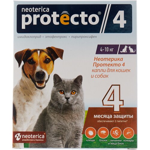 Neoterica капли от блох и клещей Protecto 4 для собак, щенков, кошек, для домашних животных от 4 до 10 кг 2 шт. в уп., 1 уп. фото