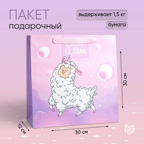 Пакет подарочный квадратный «Cosmo Llama», 30 × 30 × 12 см фото