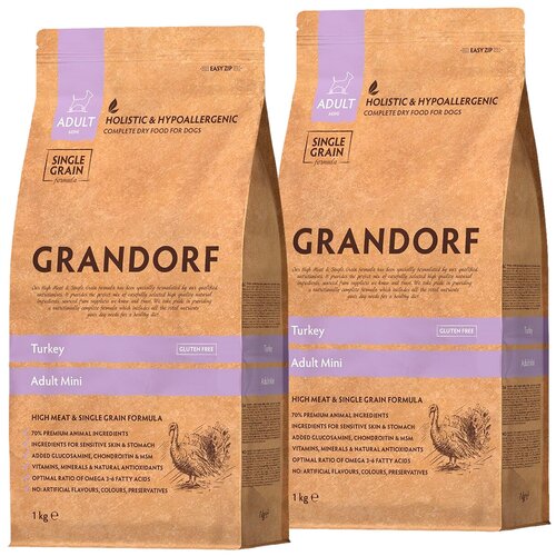 GRANDORF SINGLE GRAIN DOG ADULT MINI TURKEY низкозерновой для взрослых собак маленьких пород с индейкой (1 + 1 кг) фото