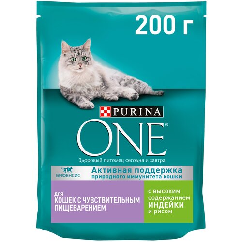 Сухой корм для кошек Purina ONE с чувствительным пищеварением и разборчивым вкусом в еде, с высоким содержанием индейки и рисом 10 шт. х 200 г фото