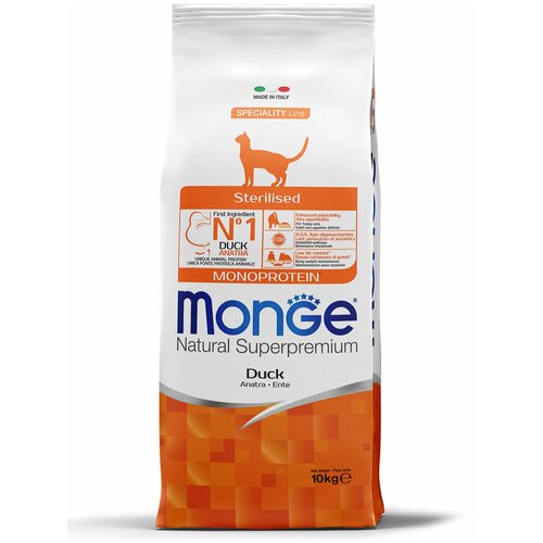 Сухой корм для стерилизованных кошек Monge Natural Superpremium Monoprotein, с уткой 10000 г фото