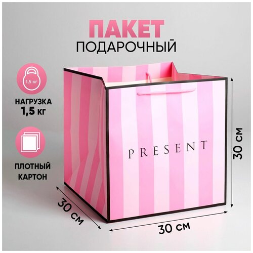 Пакет подарочный квадратный «Present» розовый, большой, 30 × 30 × 30 см фото