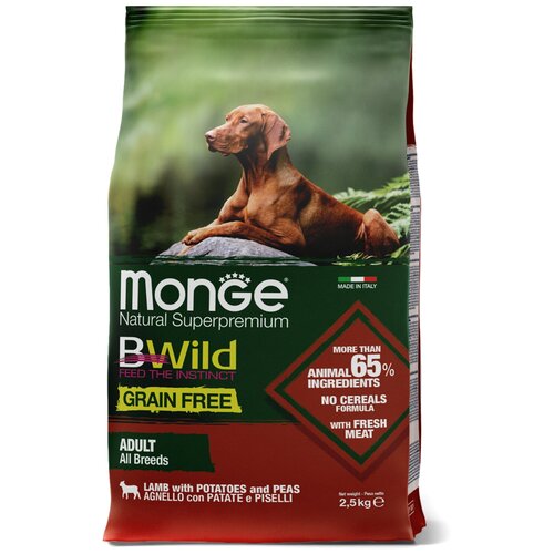 Сухой беззерновой корм для взрослых собак всех пород Monge BWild All Breeds Adult Agnello из мяса ягненка с картофелем и горохом, 2,5 кг фото