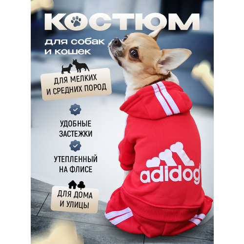 Комбинезон Adidog для собак и кошек, демисезонный, размер XL, красный, унисекс, с капюшоном фото