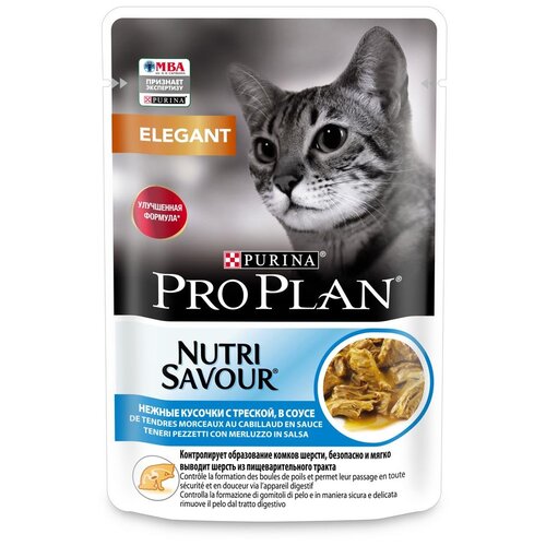 корм для кошек Pro Plan Nutri Savour, с чувствительной кожей, нежные кусочки с треской 85 г (кусочки в соусе) фото