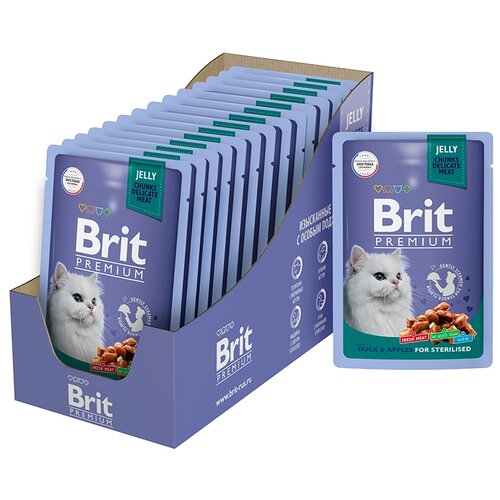 Влажный корм для стерилизованных кошек Brit Premium Утка с яблоком 14 шт. х 85 г (кусочки в желе) фото