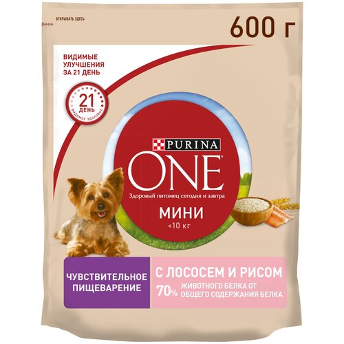 Сухой корм для собак Purina ONE при чувствительном пищеварении, лосось, с рисом 1 уп. х 2 шт. х 600 г (для мелких пород) фото