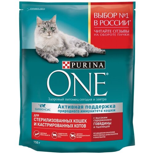 Корм сухой для взрослых кошек PURINA ONE с высоким содержанием говядины и пшеницей, для стерилизованных и кастрированных, 750г. х 3шт. фото