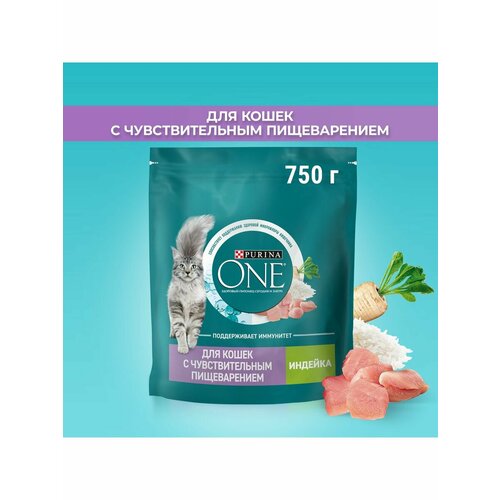 Сухой корм для кошек, Purina ONE Sensitive при чувствительном пищеварении, с индейкой и рисом, 750г 8 шт фото