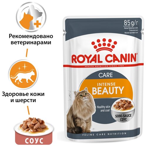 Влажный корм для кошек Royal Canin Intense Beauty, для здоровья кожи и блеска шерсти 10 шт. х 85 г (кусочки в соусе) фото