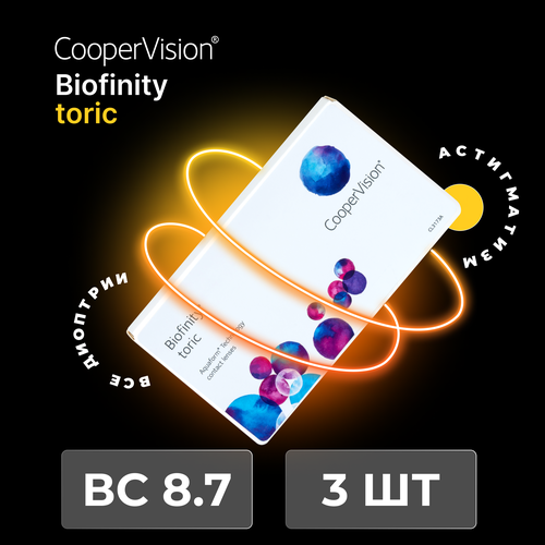 Контактные линзы CooperVision Biofinity Toric., 3 шт., R 8,7, D +6, CYL: -1,25, AХ: 170, бесцветный, 1 уп. фото