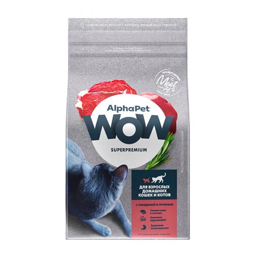 ALPHAPET WOW SUPERPREMIUM 350 гр сухой корм для взрослых домашних кошек и котов c говядиной и печень, шт (2 шт) фото