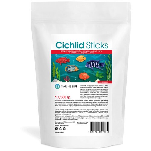 Корм для крупных цихлид и других всеядных рыб, Marine Life Cichlid Sticks, 1Л/300г фото