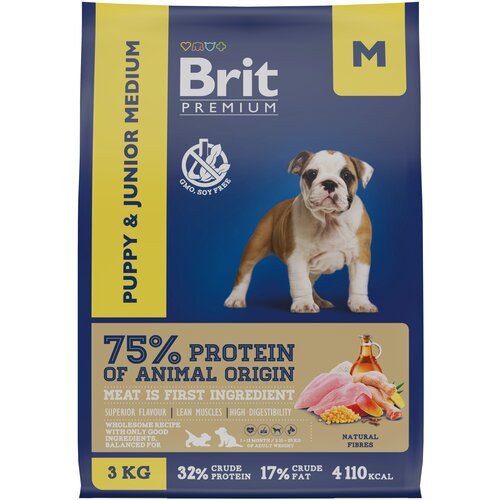 Сухой корм для щенков и молодых собак Brit Premium Puppy and Junior Medium с курицей 1 уп. х 1 шт. х 3000 г (для средних пород) фото