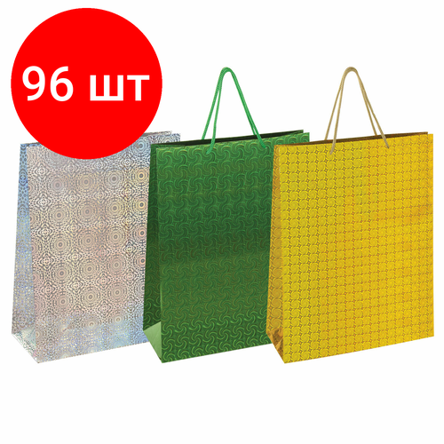 Комплект 96 шт, Пакет подарочный 33x12.7x44.7 см, золотая сказка голография, ассорти 3 цвета, 606610 фото