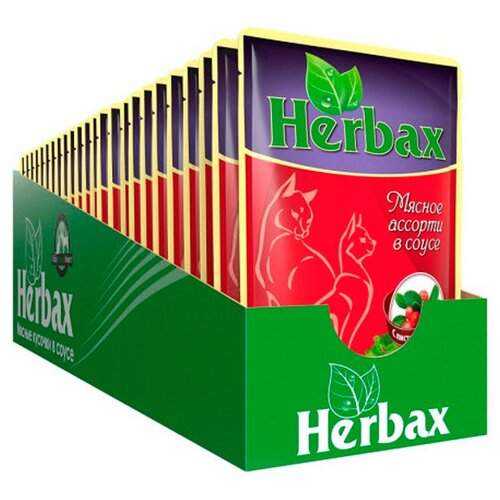 корм для кошек Herbax с мясным ассорти, с листьями брусники 24 шт. х 100 г (кусочки в соусе) фото