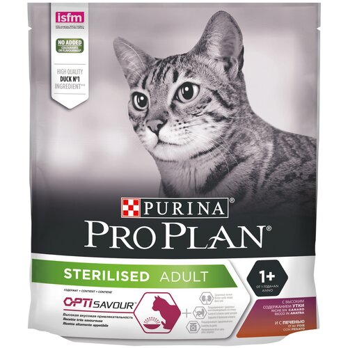 Сухой корм для стерилизованных кошек и кастрированных котов Purina Pro Plan Sterilised ADULT OPTISAVOUR, с уткой и с печенью, 4 шт. х 400 г фото