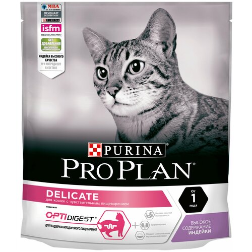 Сухой корм для кошек Purina Pro Plan DELICATE ADULT OPTIDIGEST с чувствительным пищеварением, с индейкой, 4 шт. х 400 г фото