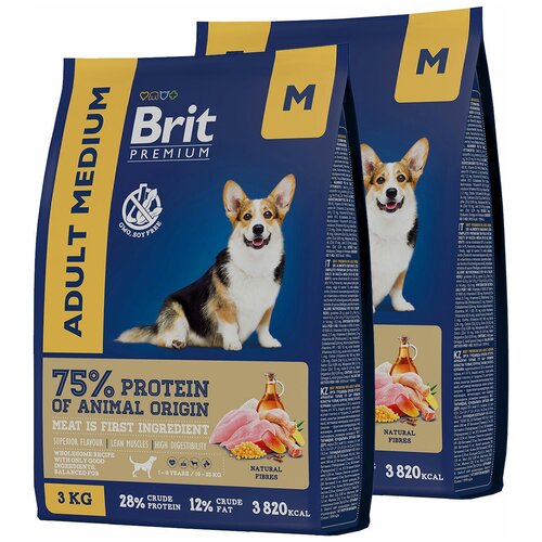 BRIT PREMIUM DOG ADULT MEDIUM для взрослых собак средних пород с курицей (3 + 3 кг) фото