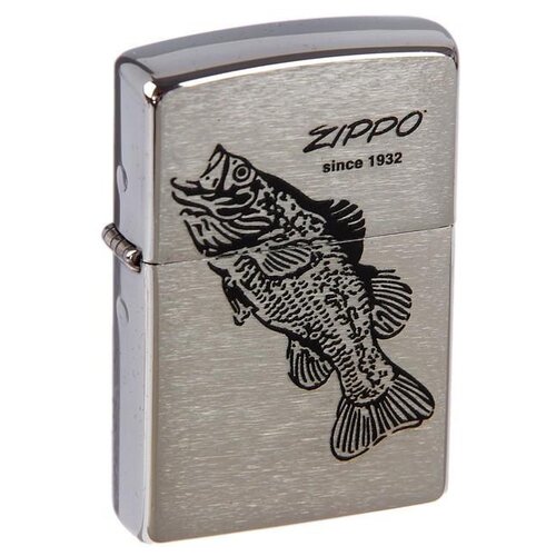 Оригинальная бензиновая зажигалка ZIPPO 200 Black Bass с покрытием Brushed Chrome - Окунь фото