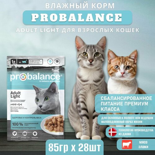 Влажный корм ProBalance Adult Light для малоактивных и склонных к избыточному весу кошек, пауч 85г х 28шт фото