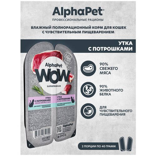 Влажный корм для кошек с чувств. пищеварением AlphaPet WOW Superpremium Утка с потрошками сочные ломтики в соусе 80г (Упаковка 15 блистеров) фото