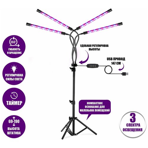 Фитолампа светодиодная, светильник для растений на штативе FL-JBH-P с пультом на проводе, 4 панели фото