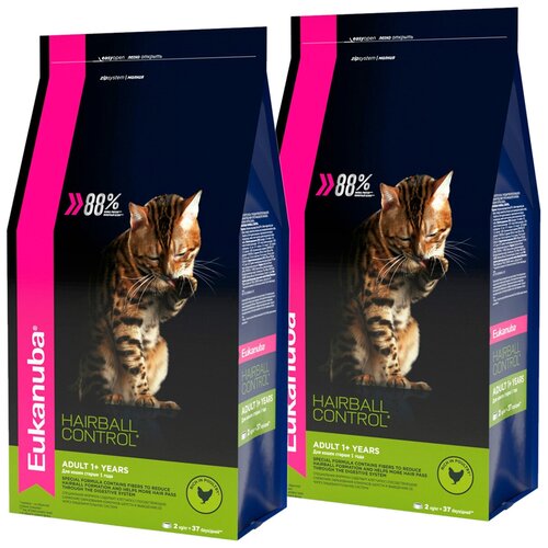 EUKANUBA ADULT HAIRBALL CONTROL/INDOOR для взрослых кошек для вывода шерсти с птицей (2 + 2 кг) фото